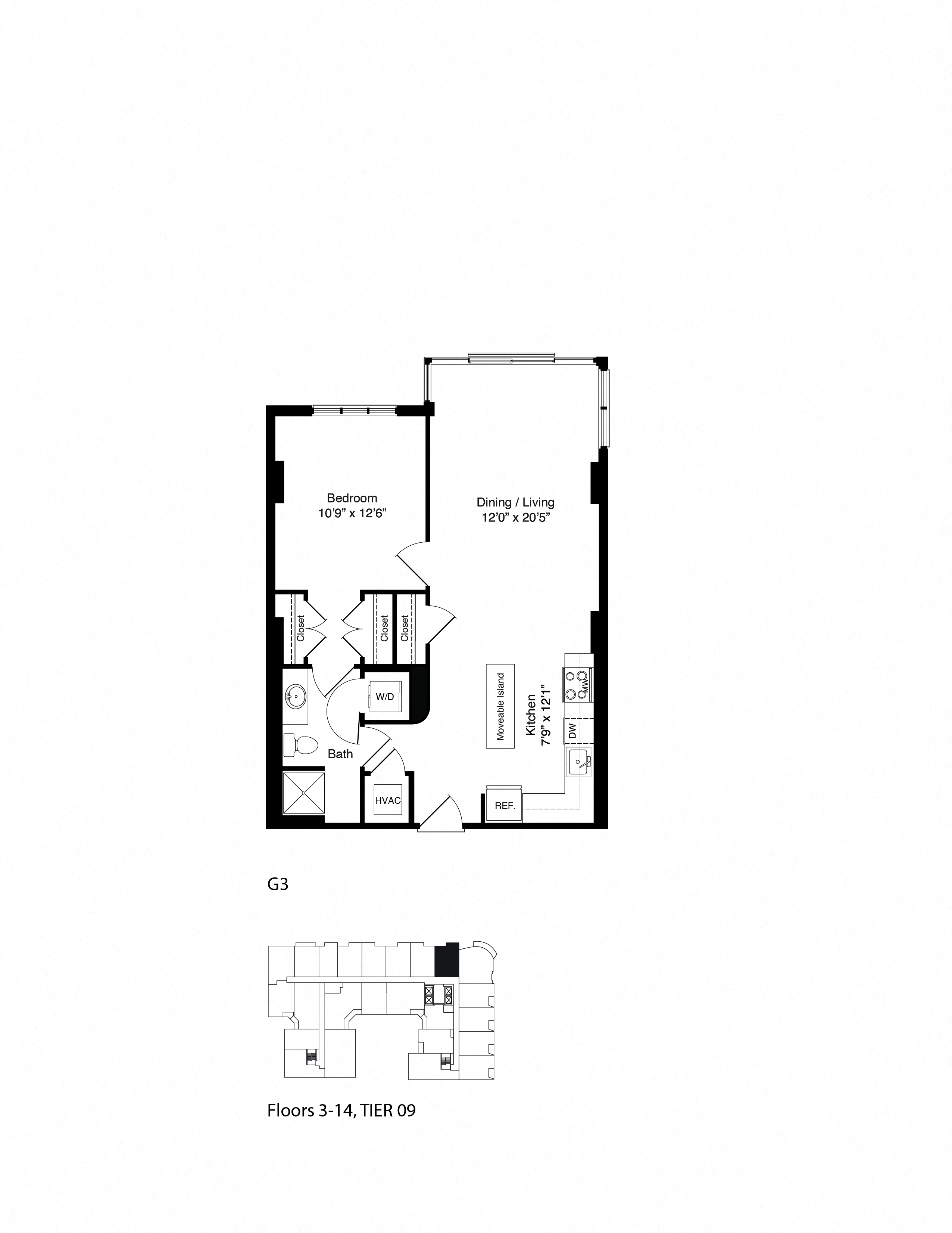 Floor plan for 1 bed, 1 bath, 759 sqft